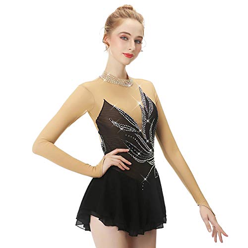 Vestido de Patinaje artístico para niñas, Mujeres Traje de Hielo Ropa de Competencia de Rendimiento Alta Elasticidad Clásico Cómodo,Negro,10