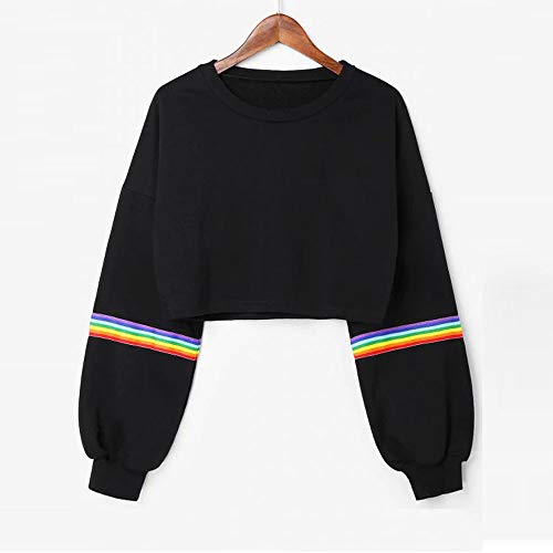 VJGOAL Moda Casual para Mujer Manga Larga del Arco Iris de impresión a Rayas Crop Short Sweatshirt Jumper Negro de Color sólido Pullover Top