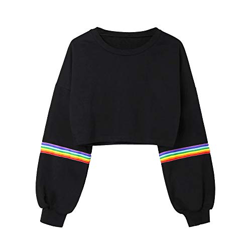 VJGOAL Moda Casual para Mujer Manga Larga del Arco Iris de impresión a Rayas Crop Short Sweatshirt Jumper Negro de Color sólido Pullover Top