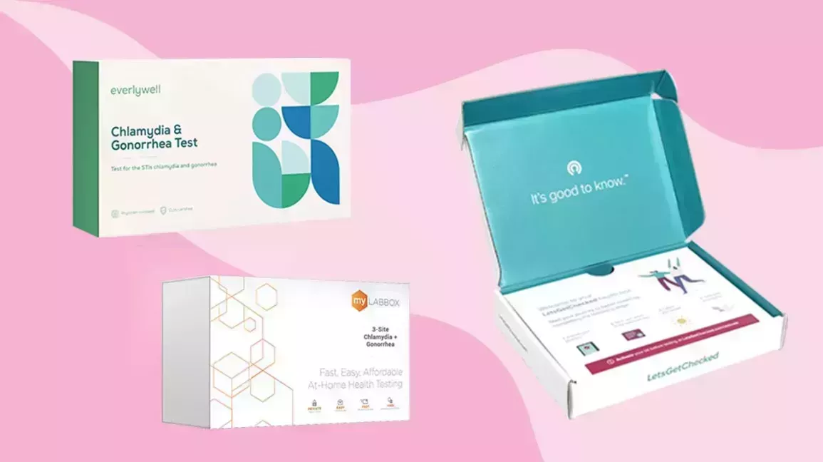 three at-home gonorrhea test kits against a pink background