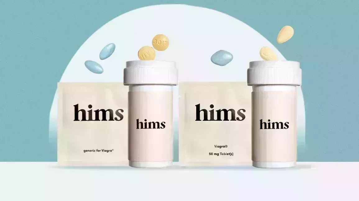 Image of Hims Branded Viagra and Generic Viagra pill pouches and Hims Branded Cialis and Generic Cialis pill bottles being compared side by side.