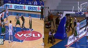 Un aficionado del Buducnost recibe este tremendo puñetazo tras intentar agredir a un jugador